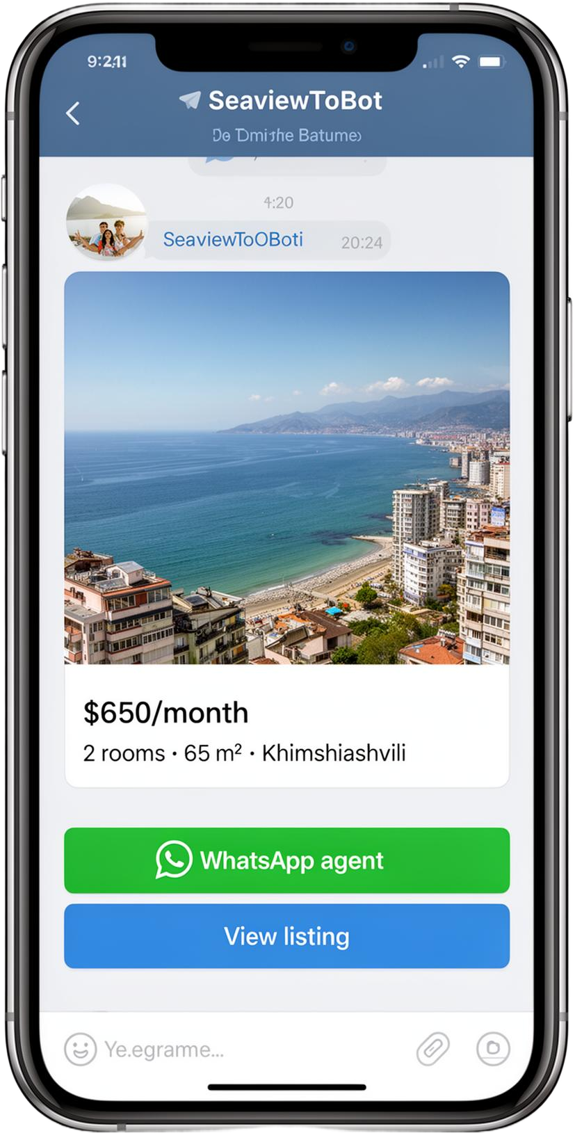 Telegram chat with SeaviewToBot showing a Batumi sea-view apartment listing with WhatsApp agent and View listing buttons