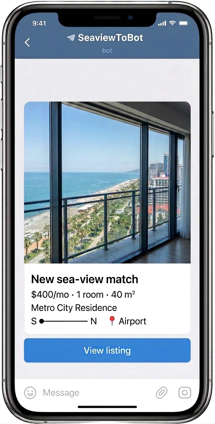Telegram chat with SeaviewToBot showing a Batumi sea-view apartment listing with WhatsApp agent and View listing buttons