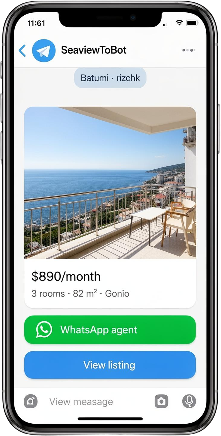 Telegram chat with SeaviewToBot showing another Batumi sea-view apartment listing with WhatsApp agent and View listing buttons