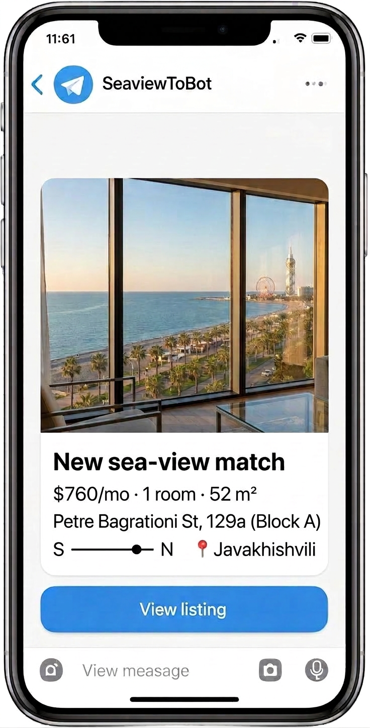 Telegram chat with SeaviewToBot showing another Batumi sea-view apartment listing with WhatsApp agent and View listing buttons