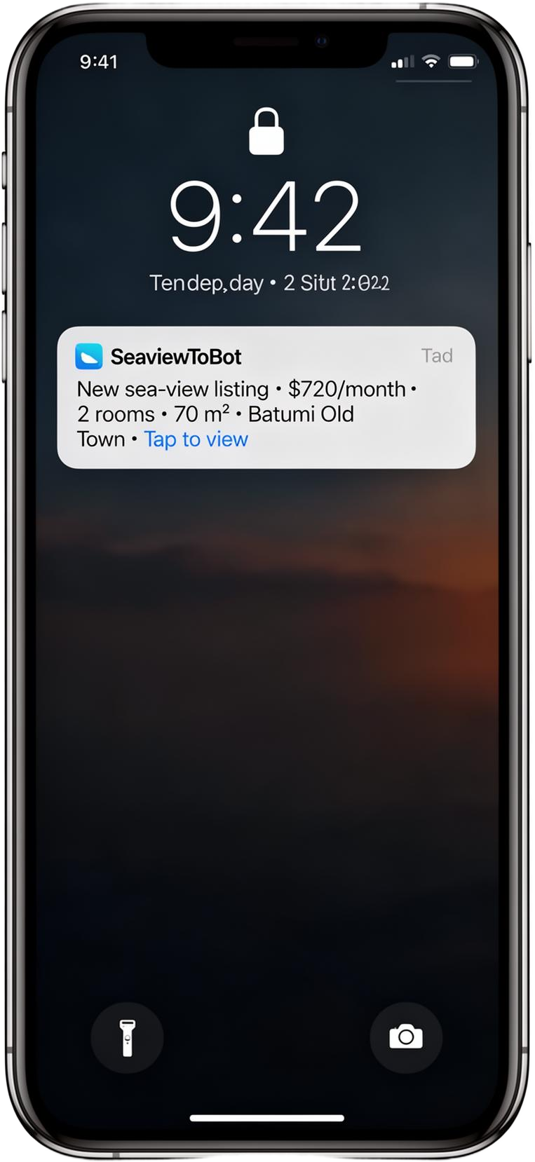 iPhone lock screen showing a SeaviewToBot push notification about a new sea-view listing in Batumi