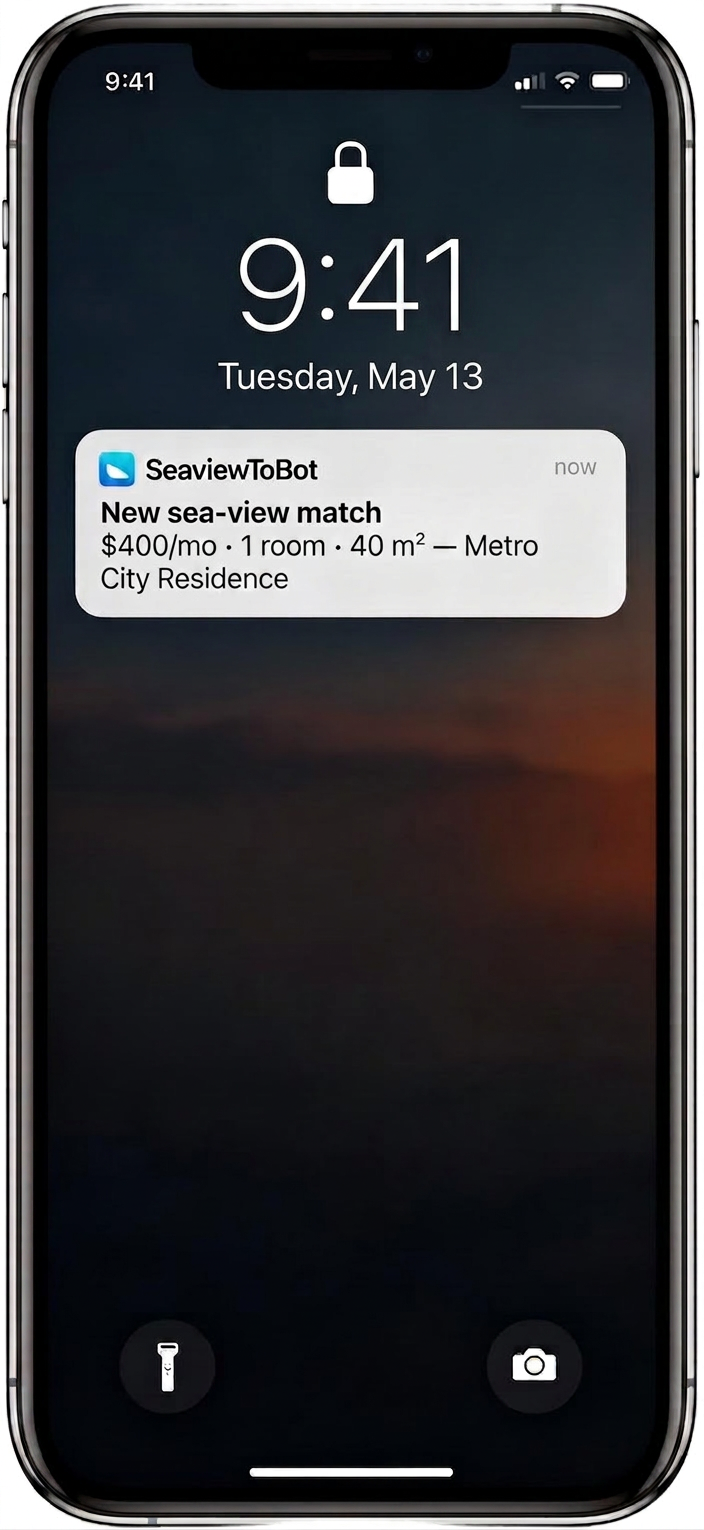 iPhone lock screen showing a SeaviewToBot push notification about a new sea-view listing in Batumi